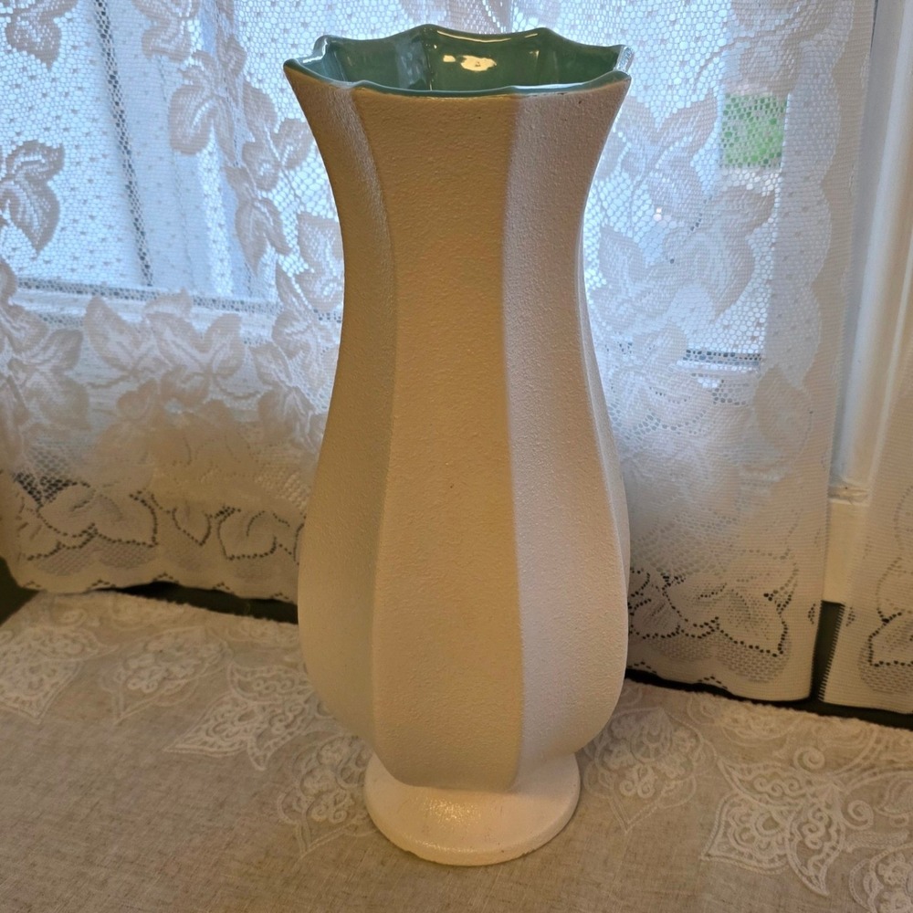 1960s Royal Haeger Vase 15in White Turquoise Mid Century Modern Textured 472
